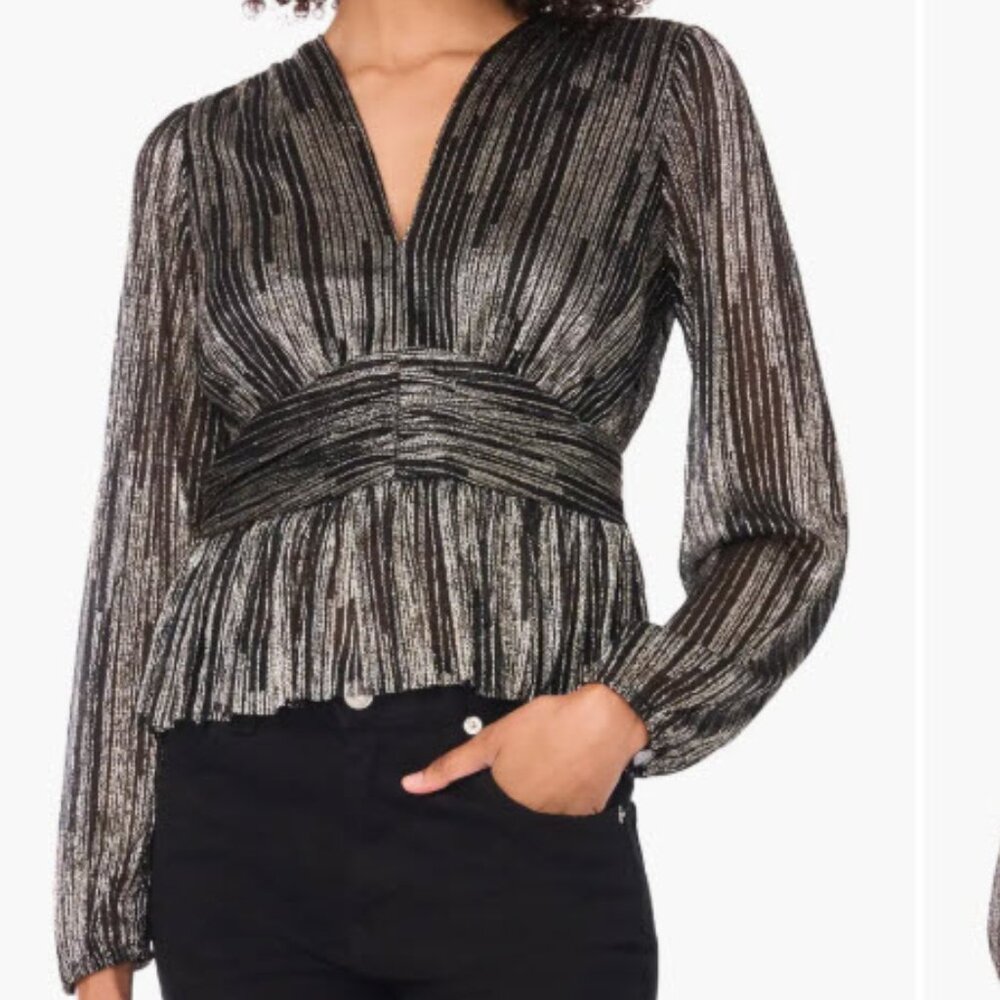 Parker V-Neck Long Sleeve Top Black Gold Metallic Sparkle Size Medium